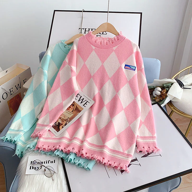 

O Neck Plaid Sweater Women Korean Style Loose Warm Knitted Pullover 2021 Winter Outwear Boyfriend Style Female Jumpers