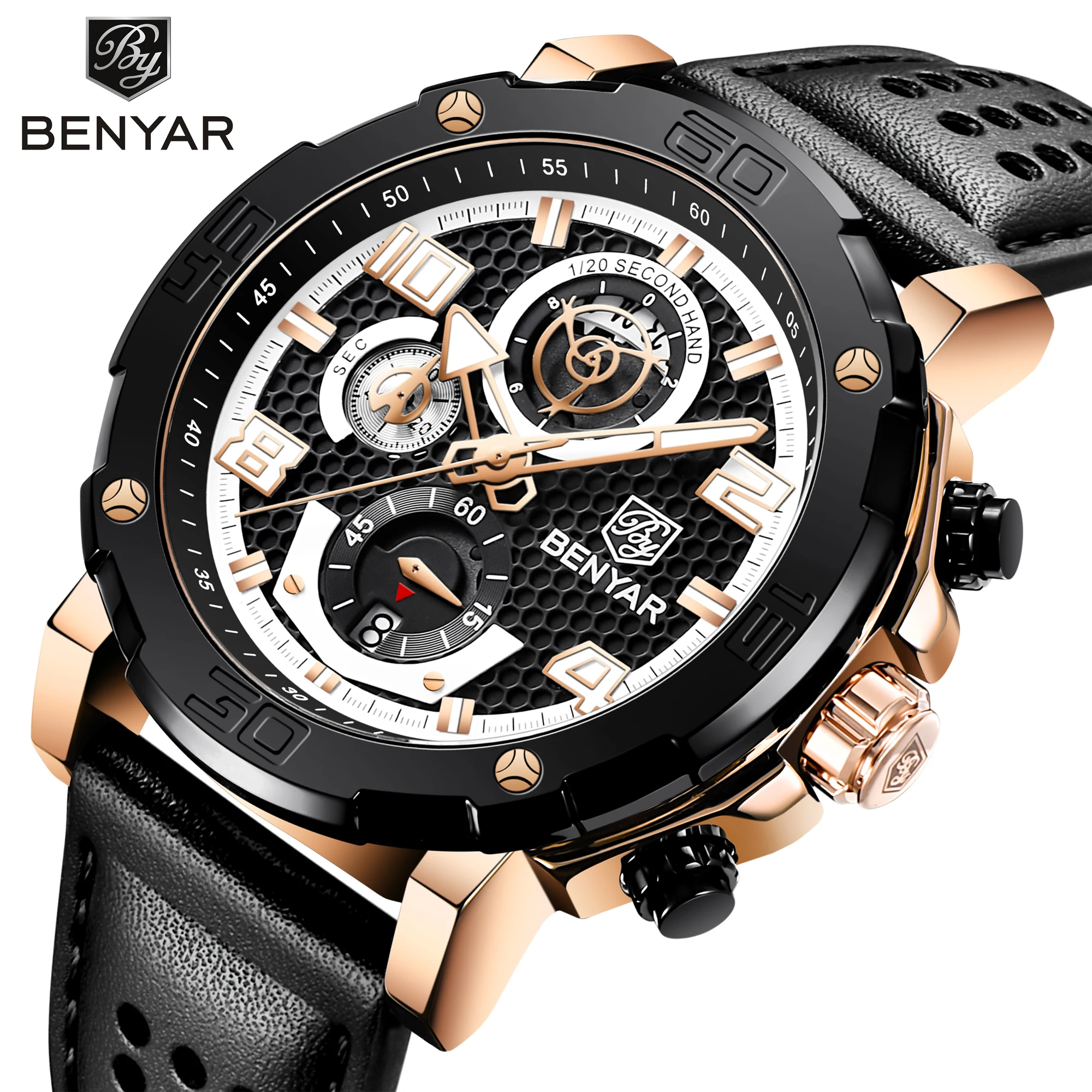

Мужские часы BENYAR 2021 48 мм с большим циферблатом, спортивный хронограф, кварцевые наручные часы, кожаный ремешок, водонепроницаемые часы Lunminous...
