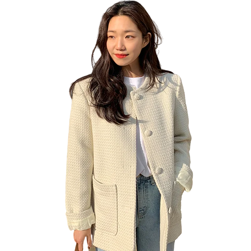 

Women Jackets 2021 Autumn Korea Temperament Ladies V-Neck Side Single-Row Buckle Big Pocket Loose Coarse Flower Coat
