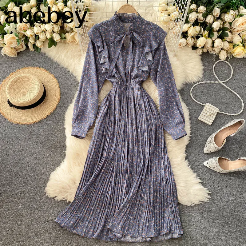 

French Style Chic Flower Print Women Dresses Autumn All-match Vintage Fungus Patchwork Vestidos Tie Collar Slim Fit Dress
