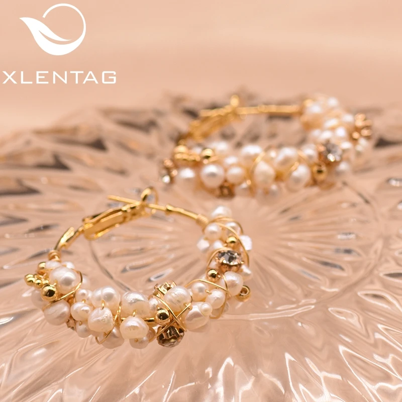 Женские серьги-кольца XlentAg ручной работы с натуральным жемчугом и цирконием для