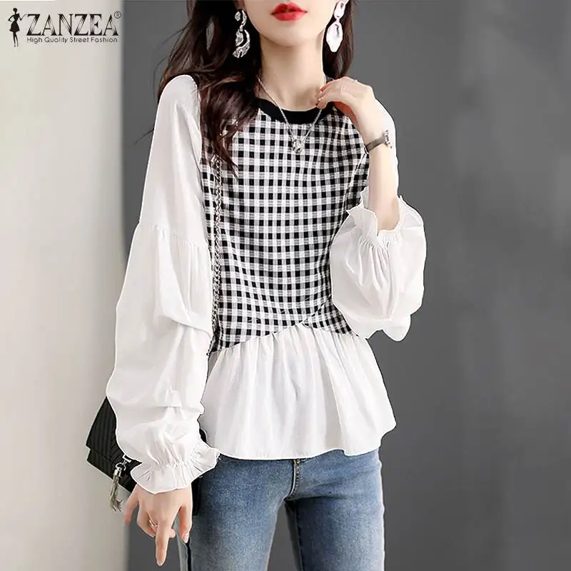 

ZANZEA Casual Office Shirt Lady Round Neck Tops Spliced Blusa ELegant Autumn Women Long Sleeve Blouse Baggy Grid Printed Chemise