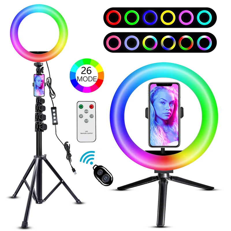 

LED Ring Light 10inch with Tripod Stand Phone Bluetooth Remote RGB RingLight Video Recording Selfie Photography Lamp for TikTok