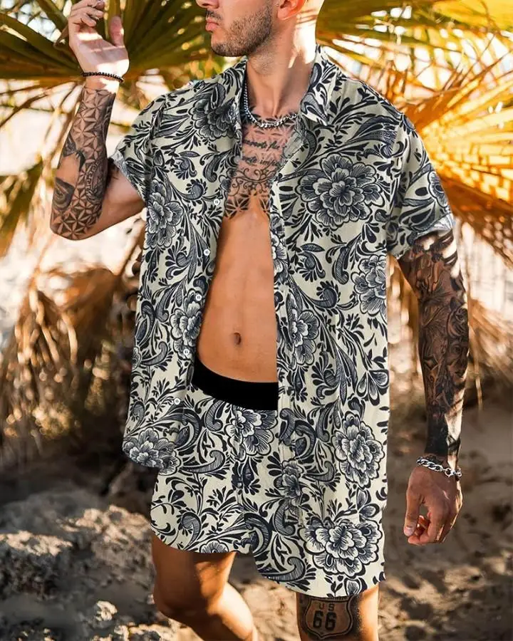 

2021 Fashion Hawaiian Print Short Sleeve Shirt Set Men Beach Coconut Print Shorts Men's Daily Beach Shirt Set Two-piece S-2XL