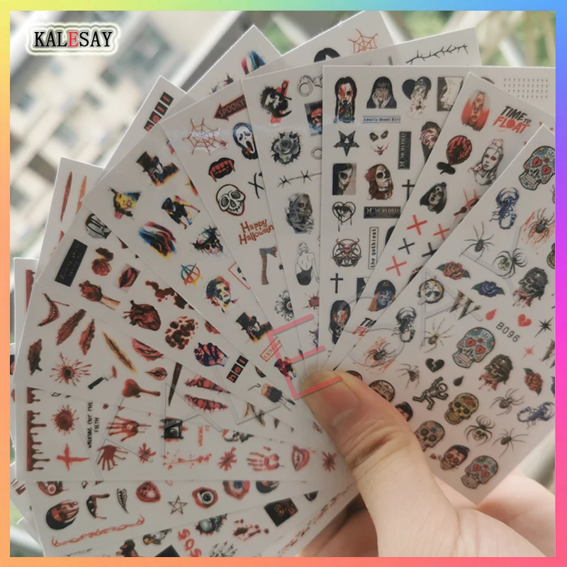 

Наклейка для ногтей на Хэллоуин, наклейка на заднюю панель, 3D дизайн черепа, наклейки для ногтевого дизайна, тыква, ужас, сделай сам, декорати...