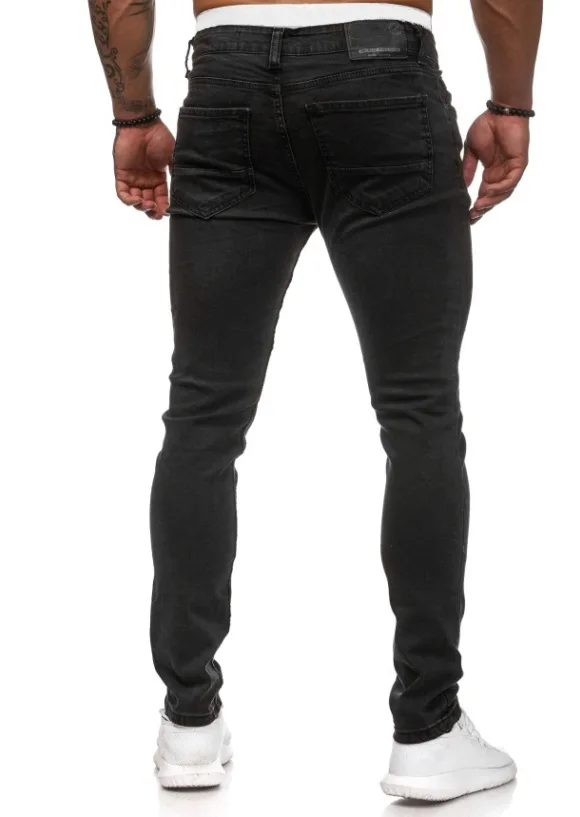 Мужские черные джинсы стрейч в белый горошек повседневные облегающие