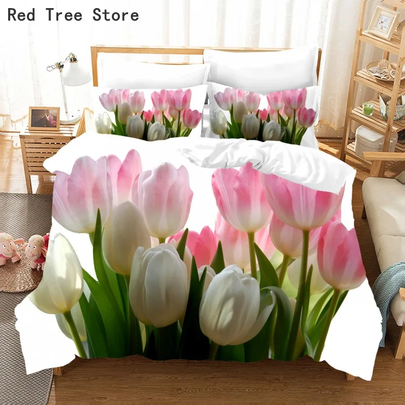 

Pink Tulip White Bedding Set 3D Printing Flower Comforter Luxury Duvet Cover Home Textile Decor Queen King Size Romantic Gifts