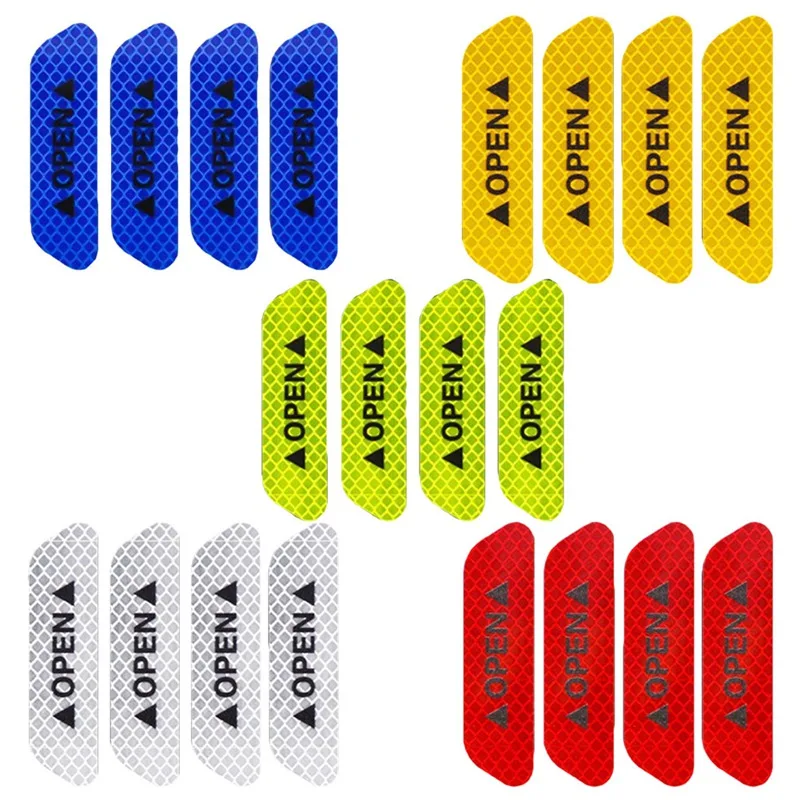 4Pcs Warning Mark Reflective Tape Car Door Sticker Decals OPEN Sign Auto Driving Safety Reflective Strips Exterior Accessories