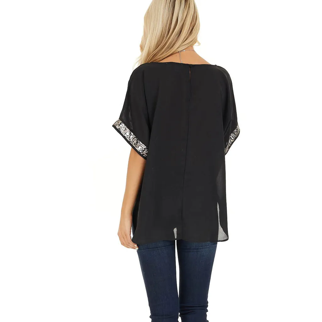 Модная Блестящая футболка с блестками Повседневная летняя Женская туника