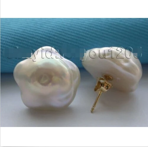 

genuine Natural 16mm White Reborn Keshi Flower Pearl Earrings studs #f1471!