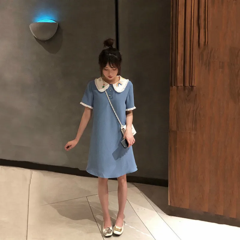 Модная футболка платье для женщин лето 2019 вышивка поло Прямая рубашка платья