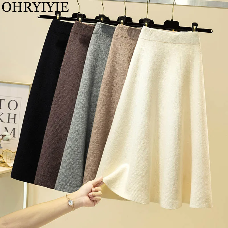 

OHRYIYIE Autumn Winter Knitted Knee-Length A-line Skirt Women Elegant Korean 2022 New Gray Black High Waist Midi Skirt Female