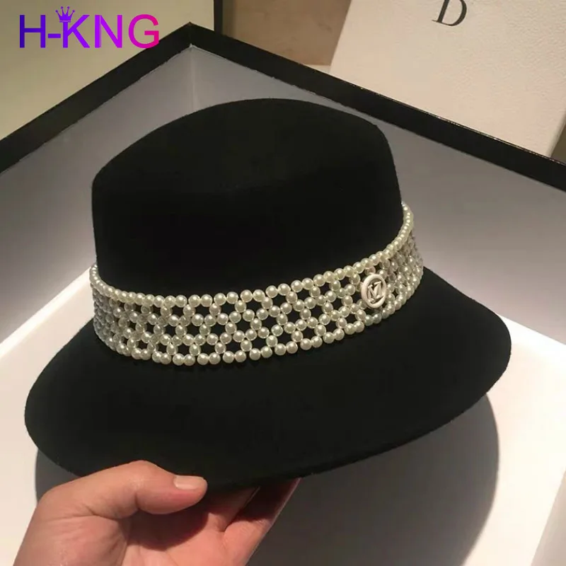 

White Black Fedora for Women 100% Wool Felt Classic Pearls Band Boater Hat Wide Brim Winter Hat Ladies Church Hat Adjustable