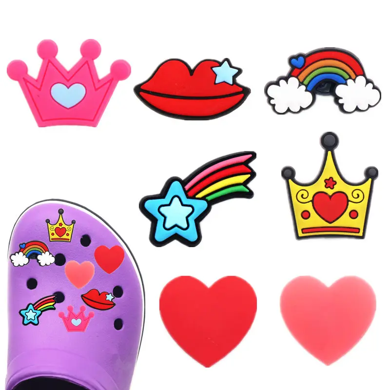 

1pcs PVC Shoe Croc Charms Accessories Heart Shaped Crown Rainbow Meteor Lip Clogs Buckle Decorations for Bracelet Kids Gifts