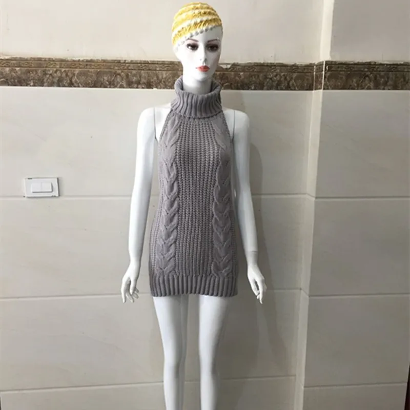 

Women's Knitted Sweater Spring New Sexy Mid-length Halter Sleeveless Lace-up Sweater Dress