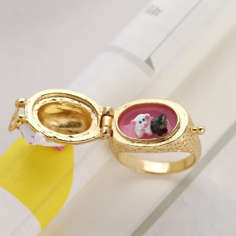 

French cat series funny cat nest two baby cats creative clamshell gold-plated enamel lock locket cute lovely Animal Pet ring