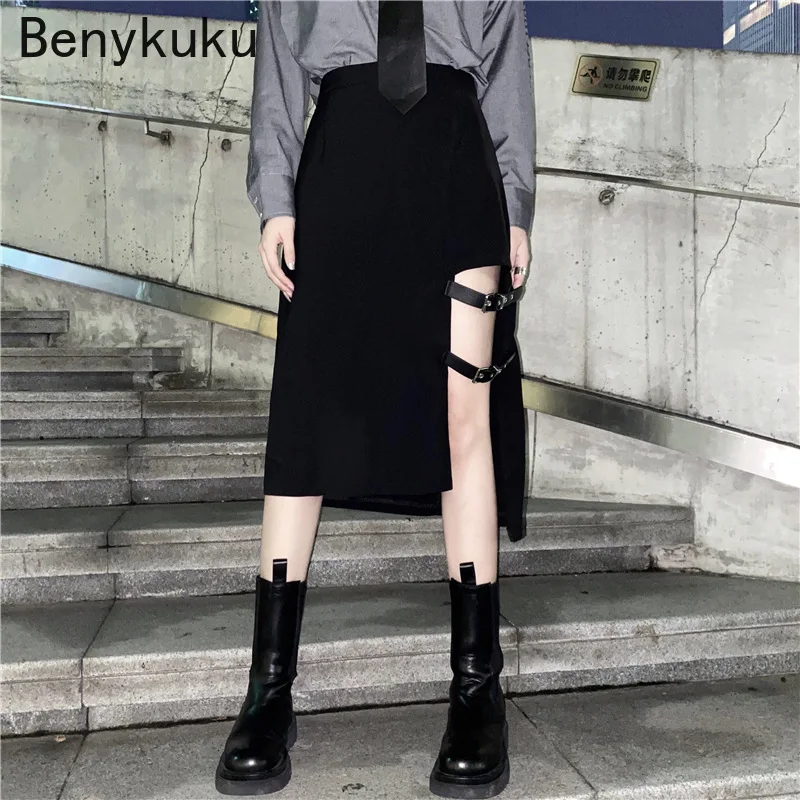 

Black Punk Gothic Harajuku Black Midi Skirt Autumn Fashion Female Lady Sexy Skirts Womens Bandage Asymmetrical Skirt Streetwear