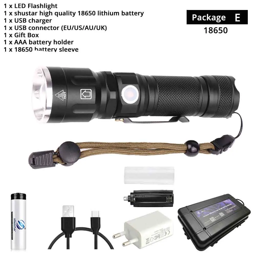 Package E-18650 Супер яркий XHP50 светодиодный фонарик водонепроницаемый 5 режимов освещения масштабируемый фонарик ИСПОЛЬЗОВАТЬ 18650 или 26650 Аккумулятор для наружных приключений - Испускаемый цвет: Package E-18650