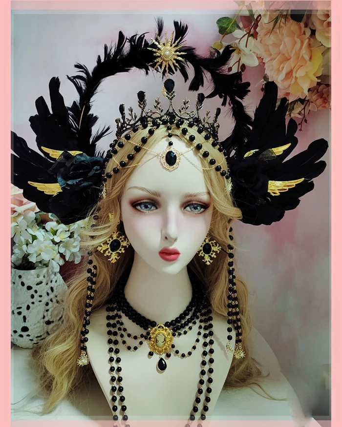 Черный Дьявол Ангел перья крылья богиня солнце ореол корона для волос повязка на