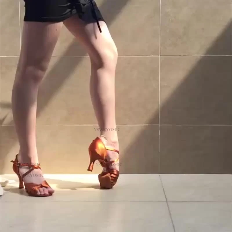 2021 Ballroom Latin Women Dance Shoes Soft Insole Bronze Black Satin High Quality Latin Salsa Dancing Shoes Customized Heel