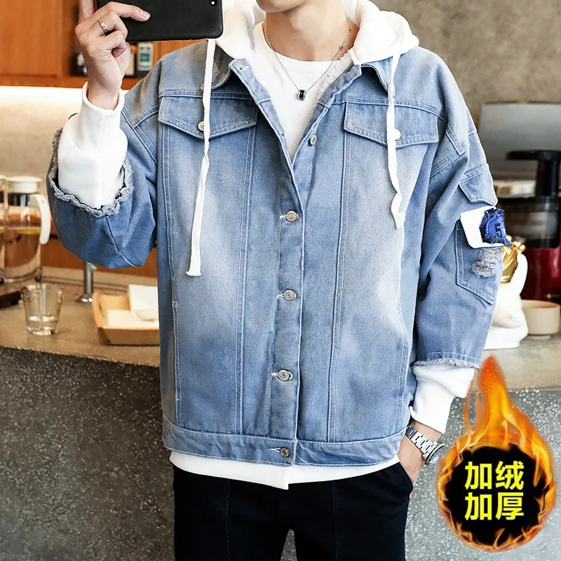 Новая мужская куртка и пальто модная теплая флисовая джинсовая зимняя верхняя