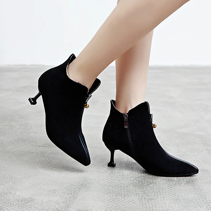 Черные женские ботильоны на высоком каблуке 2019 г. Женские ботинки молнии тонком 6