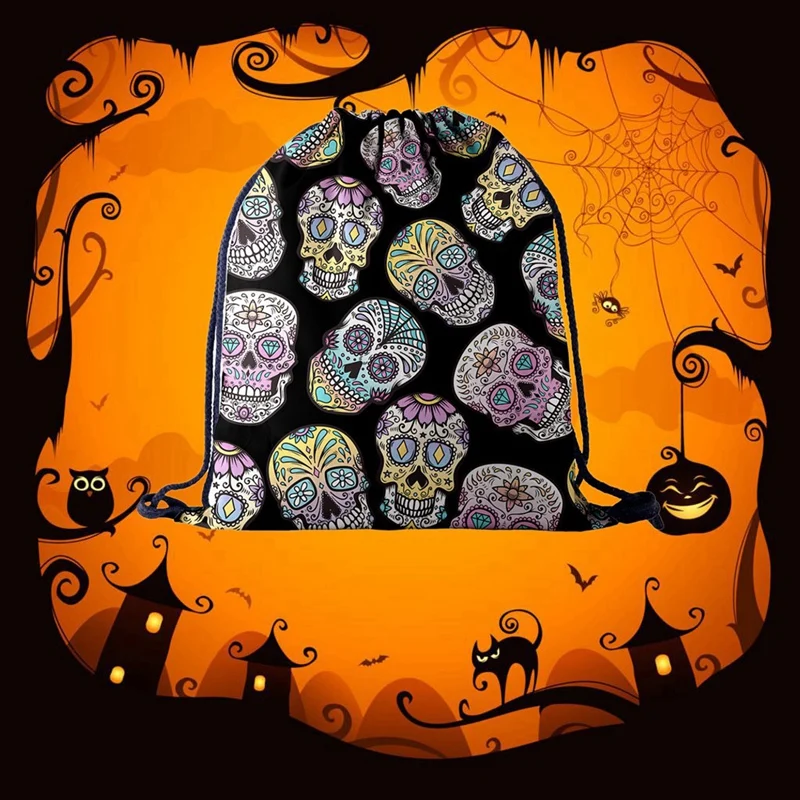 

NEW-2 Pcs Halloween Skull Women'S Drawstring Pocket Fashion Casual Oxford Men'S Sports Bag Purple & Black