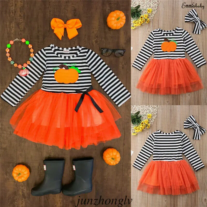 Модные Детские платья для девочек кружевные с длинным рукавом и принтом тыквы