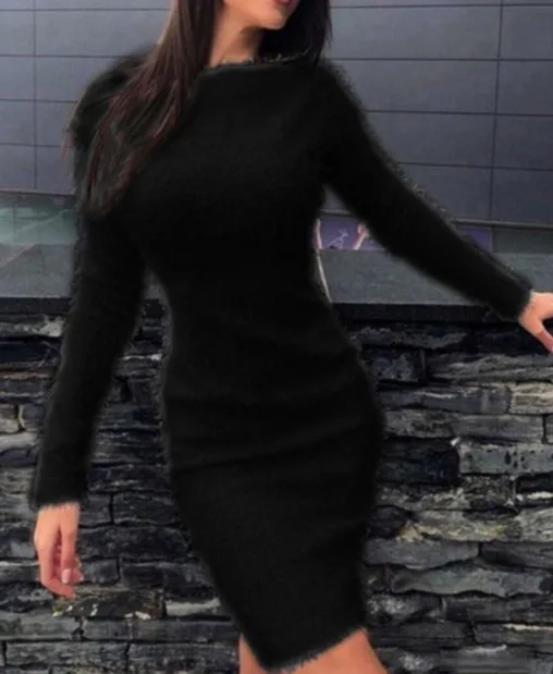 

2021 Autumn Winter Hot Style One-line Women's Fashion Casual Plush Sexy Waist Long Sleeve Round Neck Solid Color Mini Dresses