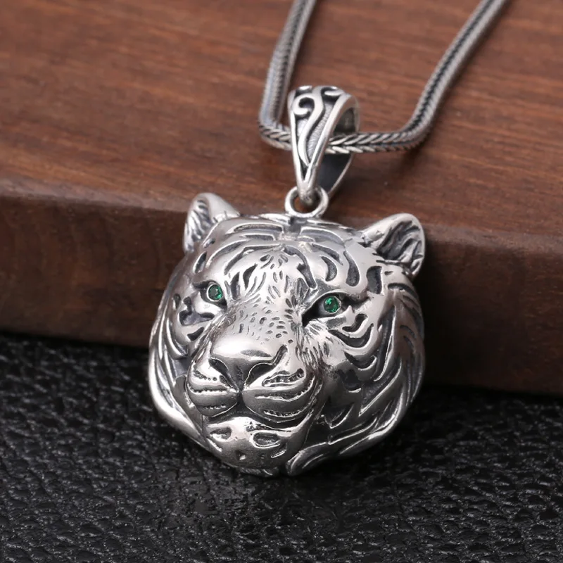 

S925 Sterling Silver Thai silver Engrave Hollow Tiger Vintage Animal Pendant Necklace