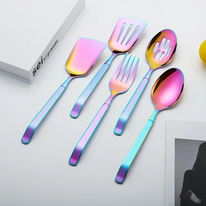 serving spoon set 5 pcs 304 stainless steel slotted skimmer 11 inch large gold set serving spoon steel utensils kitchen gadgets free global shipping