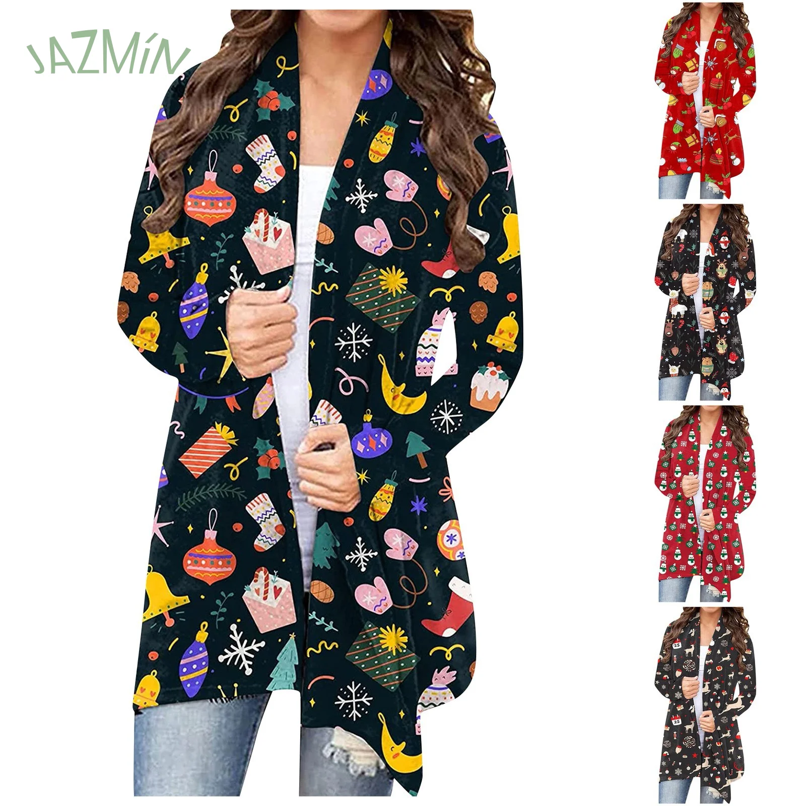 

Повседневный Кардиган, зимняя женская куртка, кардиган с принтом рождественской елки, длинная Рождественская шапка с принтом Санта-Клауса, ...