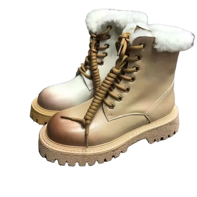 

Short Snow Boots Women Boots 2021 Fashion Middle Heels Round Toe Lace Up Female Martin Boot Winter Warm Fur Ladies Leisure Shoes