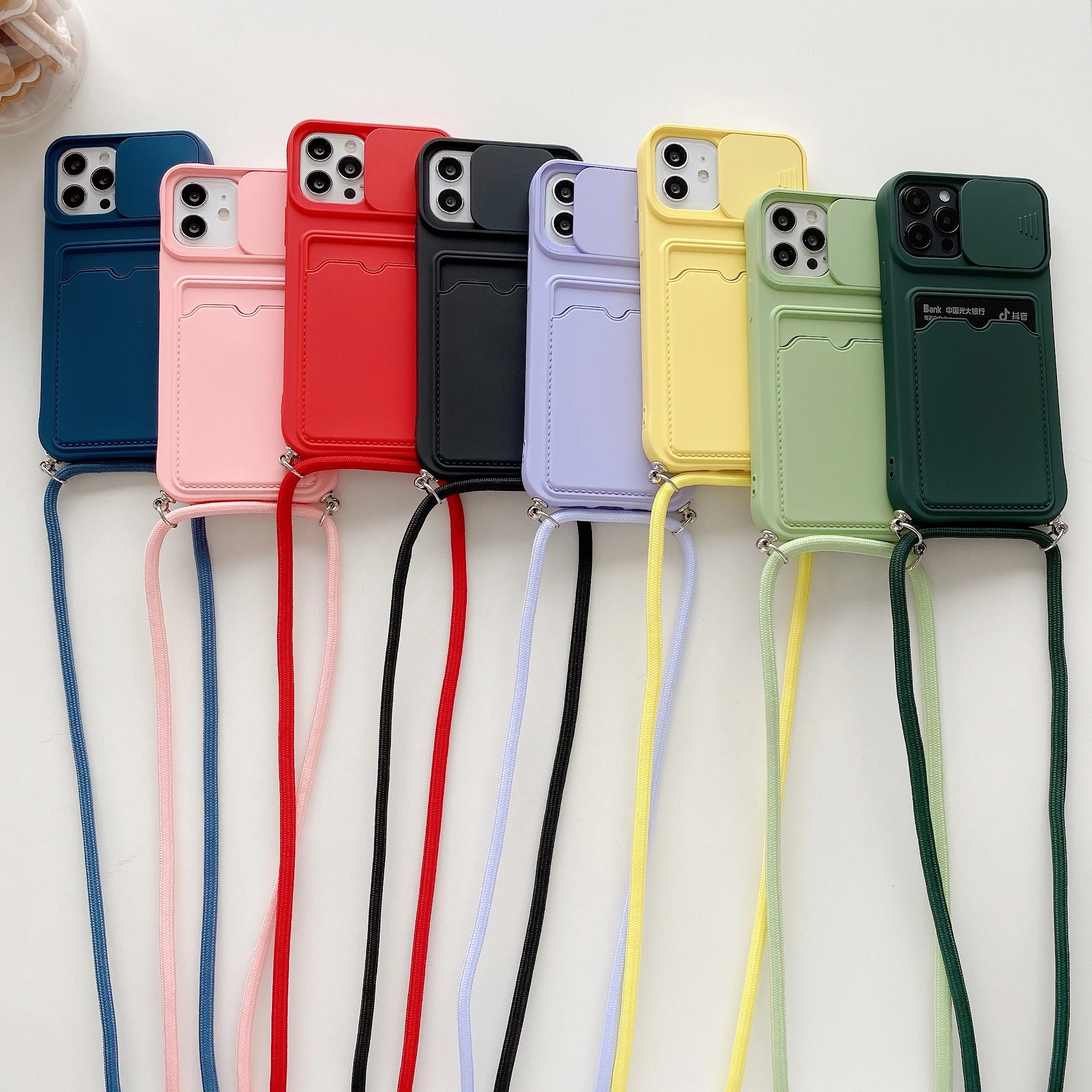 

Strap Lanyard Card Holder Case For iPhone 11 Pro 12 Mini XR XS X Max 8 7 Plus SE2 Camera Slide Lens Protection Silicon Cover