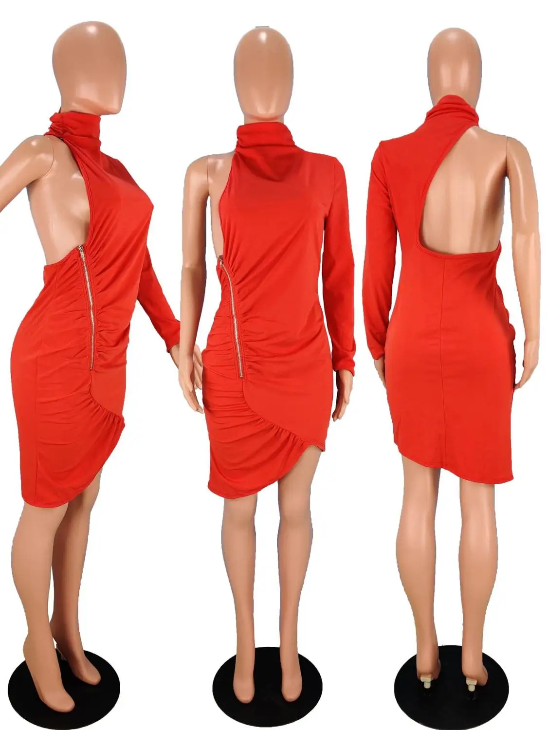 

European and American sexy solid color dress fashion casual irregular off shoulder zipper medium long skirt