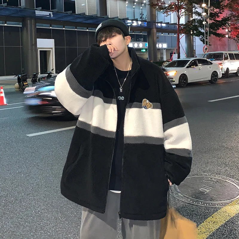 

Couples Embroidered Bear Fleece Jackets for Men Fashion Trends Patchwork Clothing High Quality Puffer Coats Oversized Streetwear
