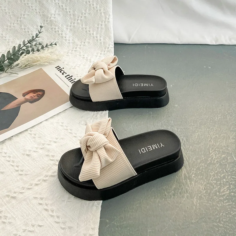 

Shoes Woman 2021 Slippers Casual Med Platform Pantofle Butterfly-Knot Luxury Flat New PU Slides Basic Butterfly-knot Fashion