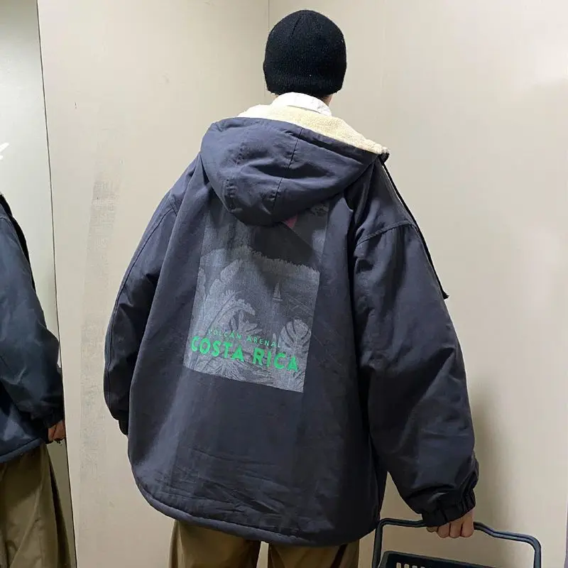 

Куртка мужская зимняя с подкладкой, утепленная куртка с капюшоном, свободная уличная одежда в Корейском стиле хип-хоп для студентов, повсед...