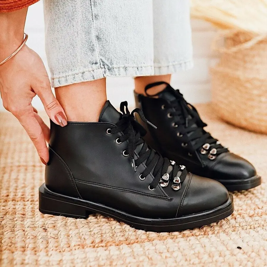 

Women Boots Limoya Leanna Black Lace-Up And Zippered Flat Bottom Boot