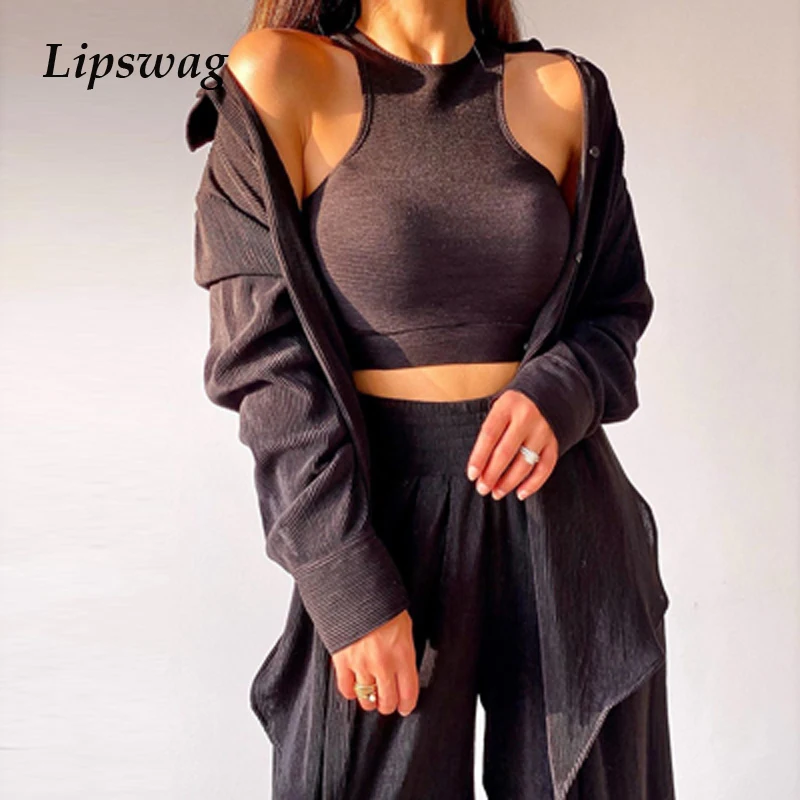 

Женский комплект из трех предметов, однотонный пикантный кардиган с открытыми плечами и брюки с широкими штанинами, повседневная одежда, ос...