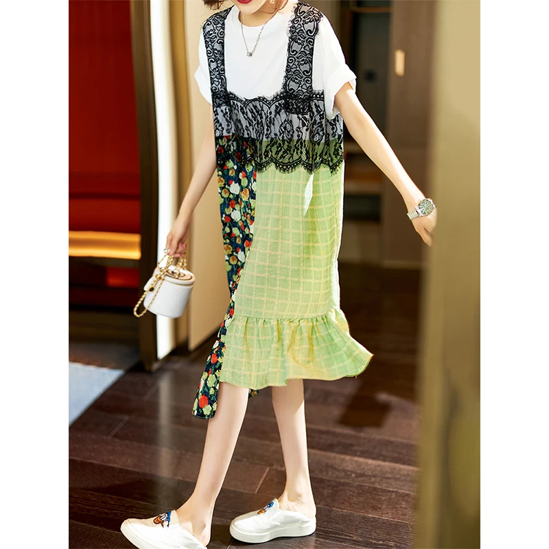

2021 Summer Ladies New Lace Stitching Printing Mid-length Dress Women's European Plus Sized Asymmetrical Bohemian O-Neck Dress