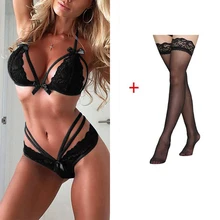 Erotic Sexy Lingerie Set Lace Straps Push Up Bra Polyester Nightwear Stockings + Underwear Women Set Lencer Sexy Sleep Tops