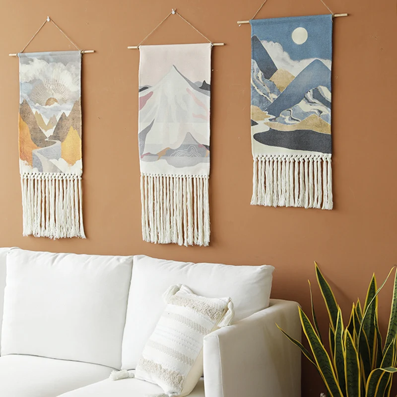 

Macrame Scenery Hanging Tapestry with Handmade Tassels Dorm Hotel Wall Fabric Blanket Cover Decoration Home Stay Aesthetic Decor