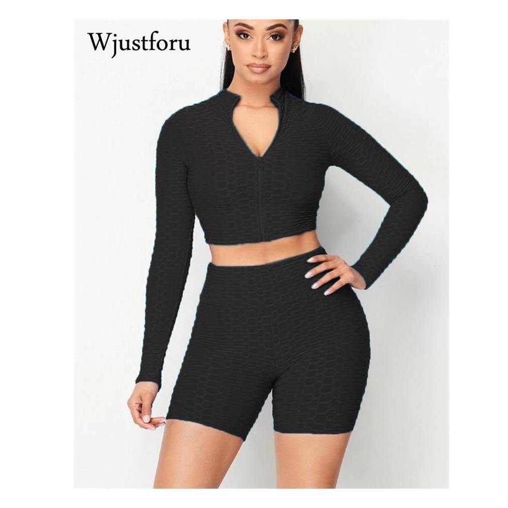 

Wjustforu сексуальный ребристый комплект из двух предметов женский модный короткий топ с длинным рукавом облегающие шорты с высокой талией 2021 Л...