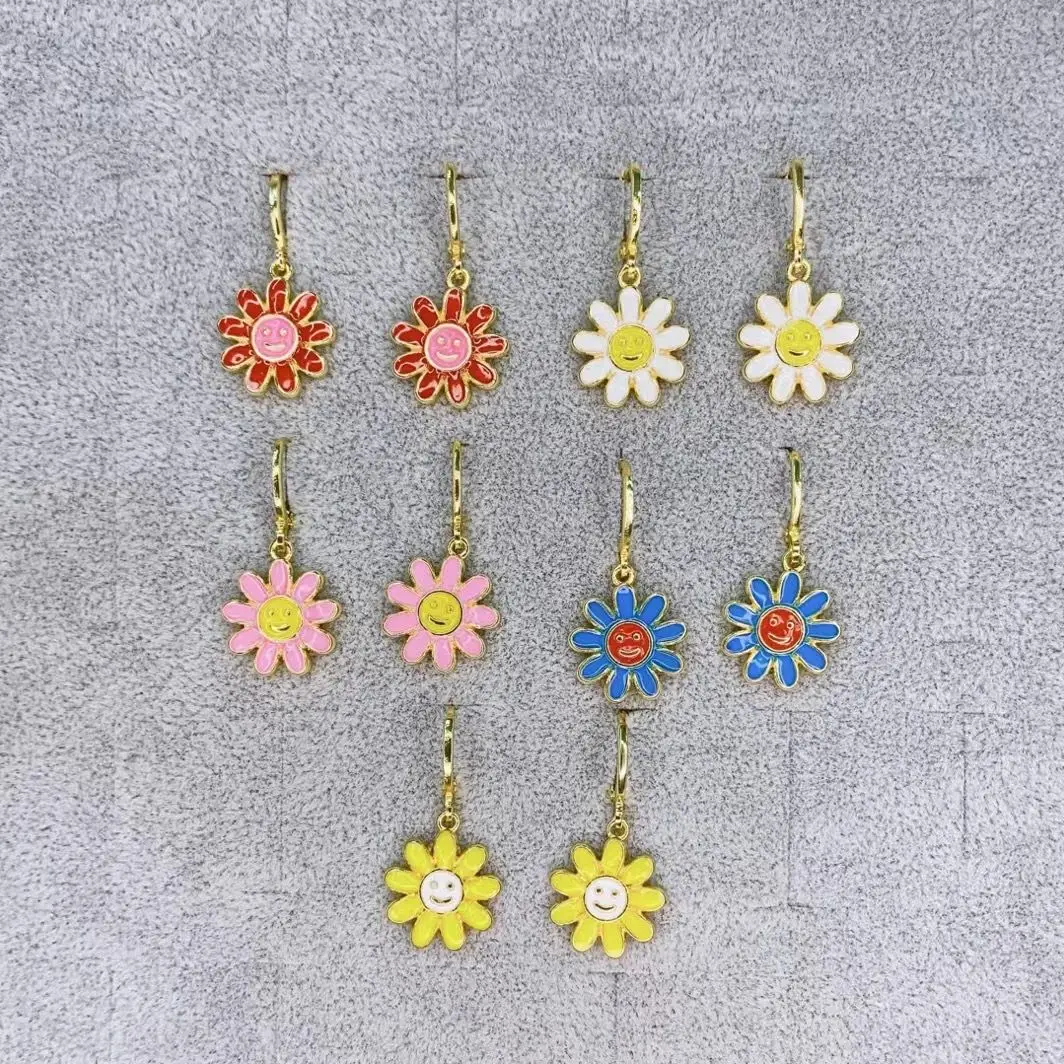 

10 Pairs, Cute Sunflower Smiley Face Enamel Earrings For Women Earrings Smile Shape Dangle Drop Earring Brinco Jewelry