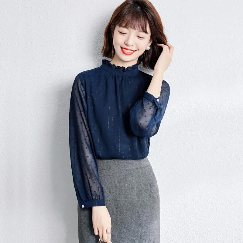 

Women Shirts 2021 Blue Psatchwork ropa mujer Blusas Lady Female Spring Solid Beige Bouses poleras mujer Streetwear Top Tee 1097