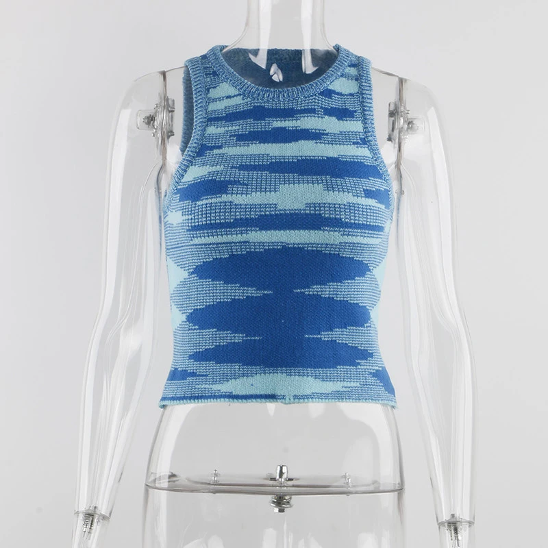 

2021 Summer Knit Crop Top Women Sleeveless Y2K Basic T Shirts Casual Summer Off Shoulder Blue O Neck Tank Top Vintage Fashion