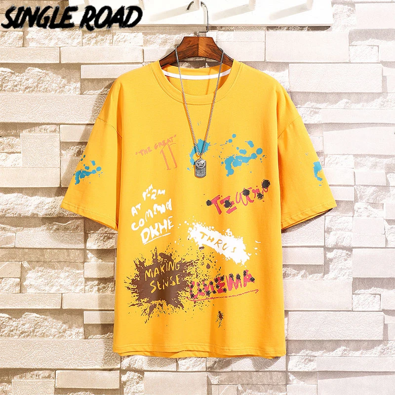 SingleRoad мужская желтая футболка Мужская негабаритная хлопковая в стиле панк хип