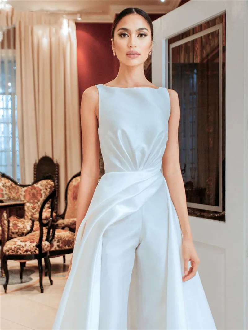 

Satin jumpsuit Wedding Dresses 2021 with Overskirt Bride Reception beach garden bridal Women Pant Suits Vestido De Noiva