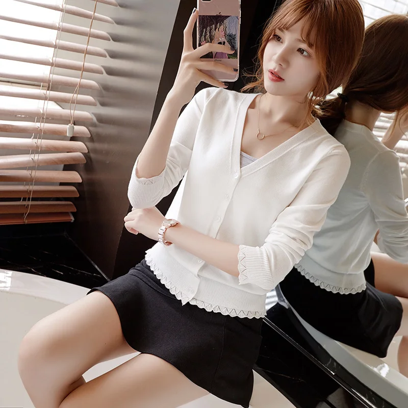 Женский вязаный кардиган PEONFLY однотонный с оборками V-образным вырезом и длинными